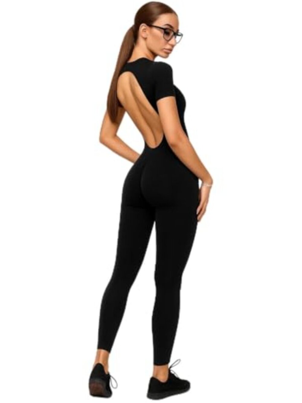 Open Back Short Sleeve Romper Bodysuit Compression Yoga Athleisure One Piece